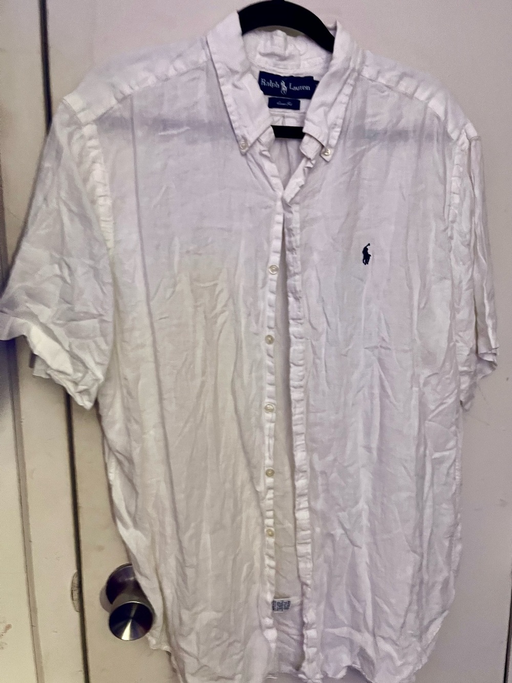 Ralph Lauren White Short-Sleeve Linen Button-Down Shirt with Navy Polo Logo